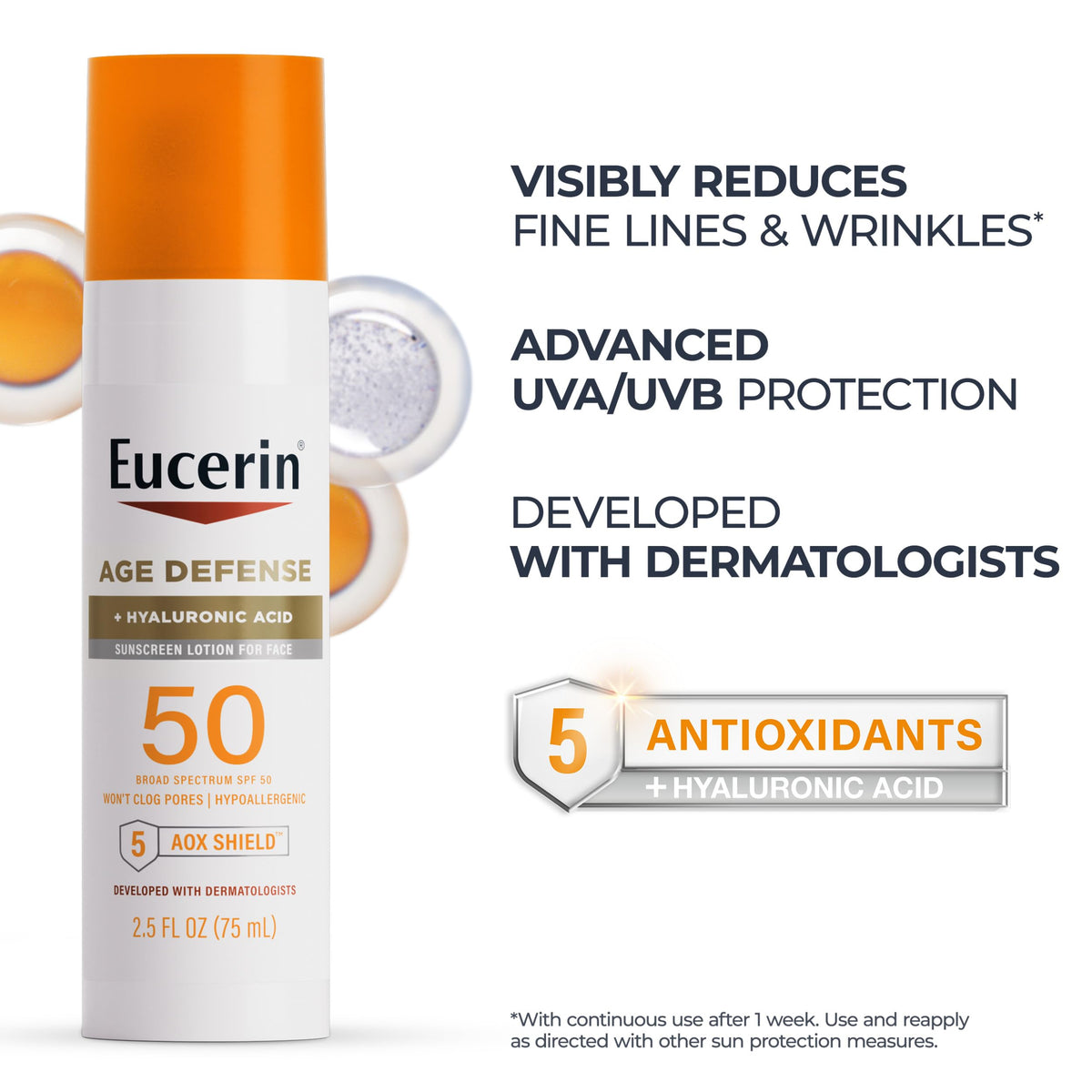 Eucerin Sun Age Defense Face Sunscreen Lotion SPF 50 showing texture