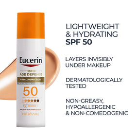 Eucerin Sun Tinted Age Defense Face Lotion SPF 50 on makeup table