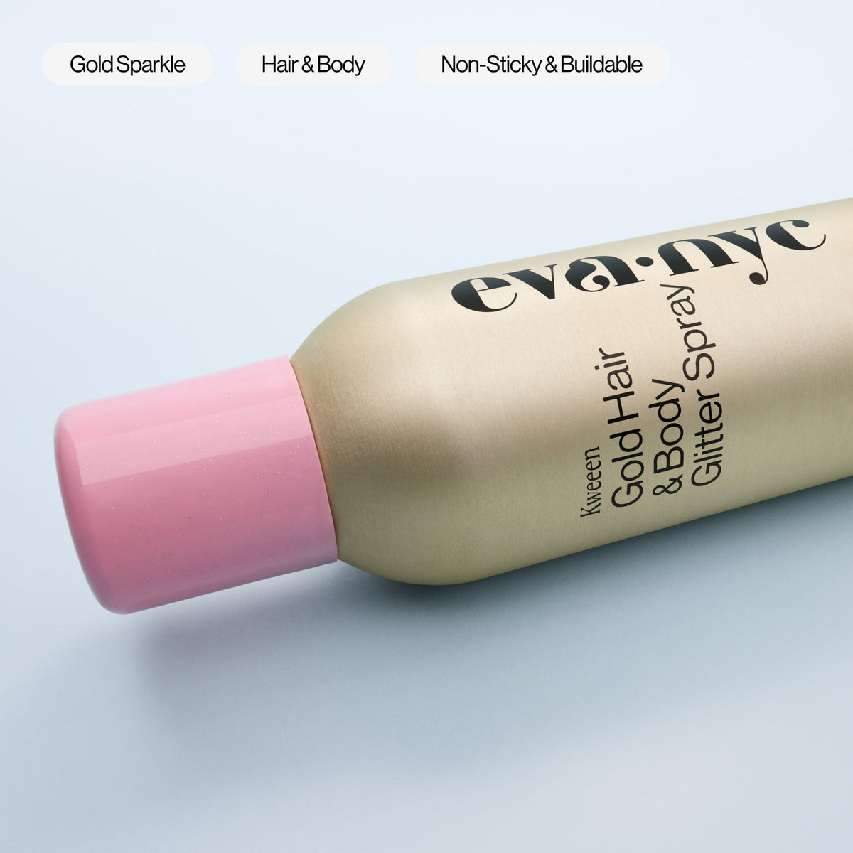 EVA·NYC Kweeen Gold Glitter Spray application on skin