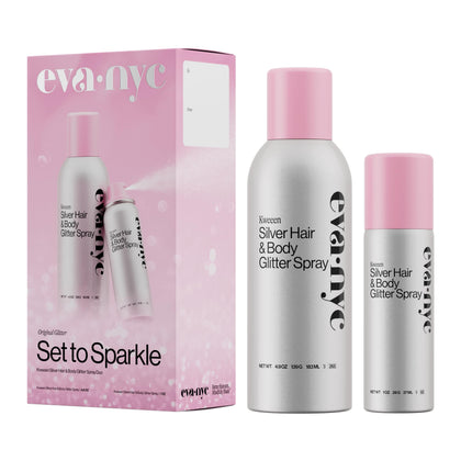 EVA·NYC Kweeen Silver Hair and Body Glitter Spray Set full size and travel size