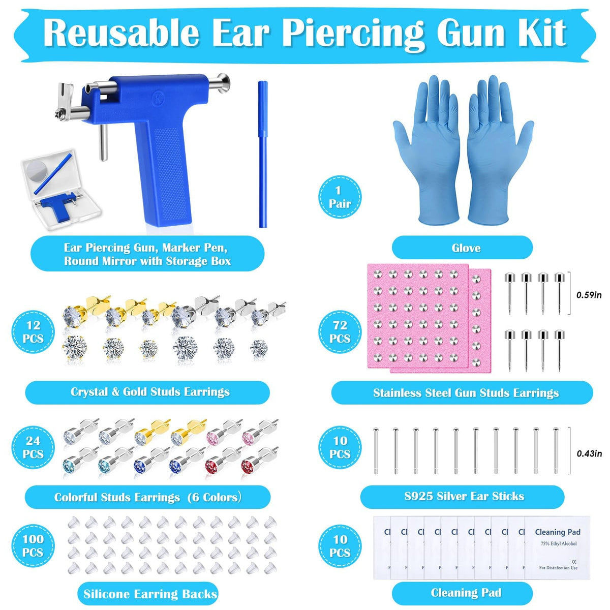 Evatage piercing tools including gloves and cleaning pads