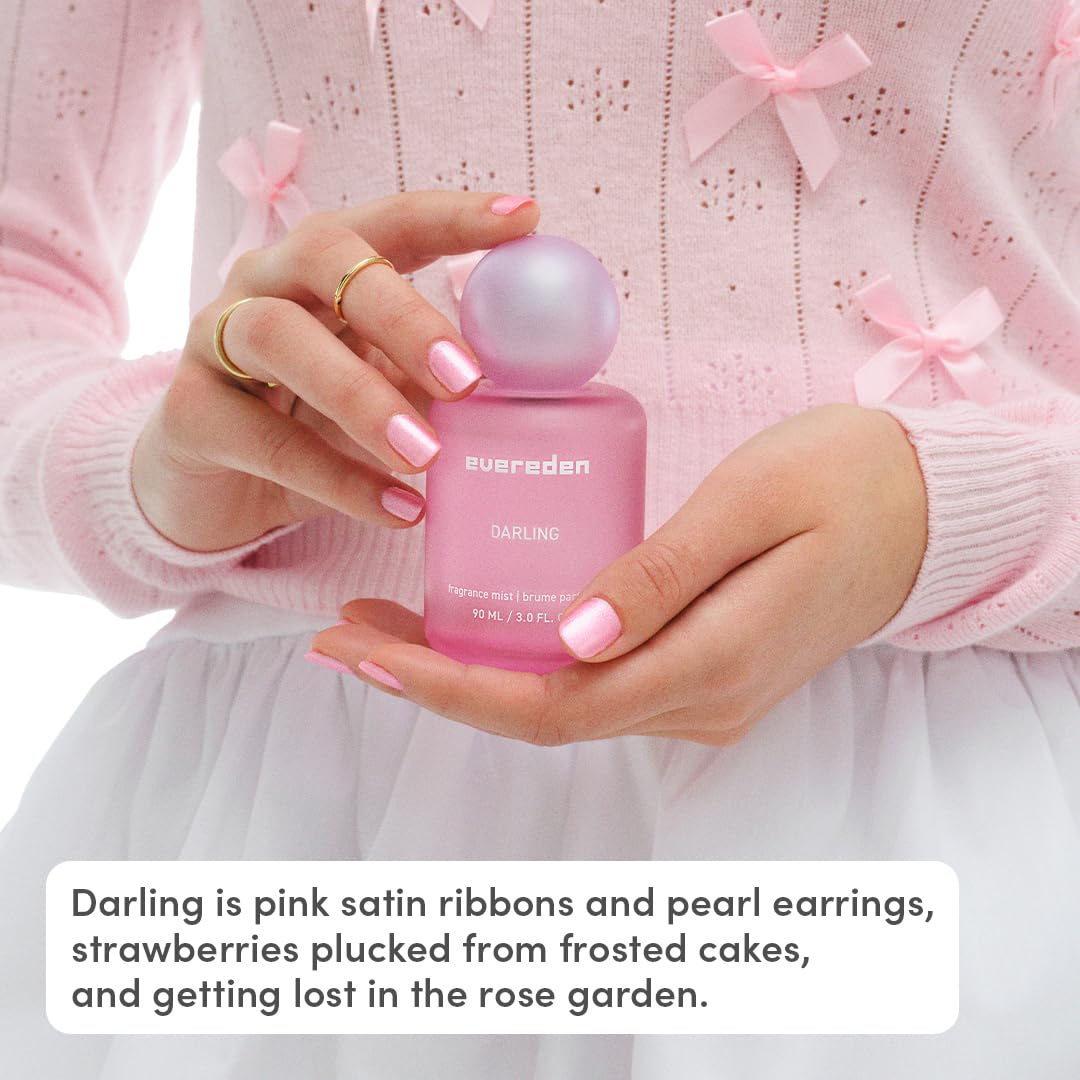 Evereden Darling Hair & Body Fragrance Mist bottle on a vanity