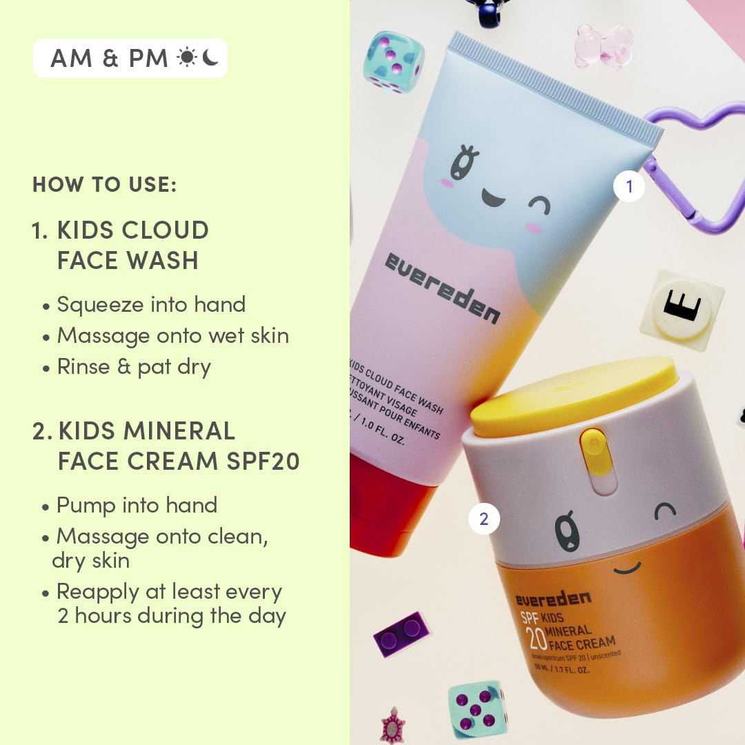 Evereden Kids Face Wash and SPF 20 Cream on a colourful towel