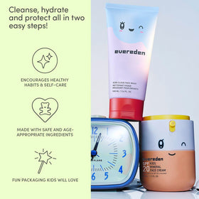 Evereden Kids Face Wash and SPF 20 Cream together on a bathroom counter