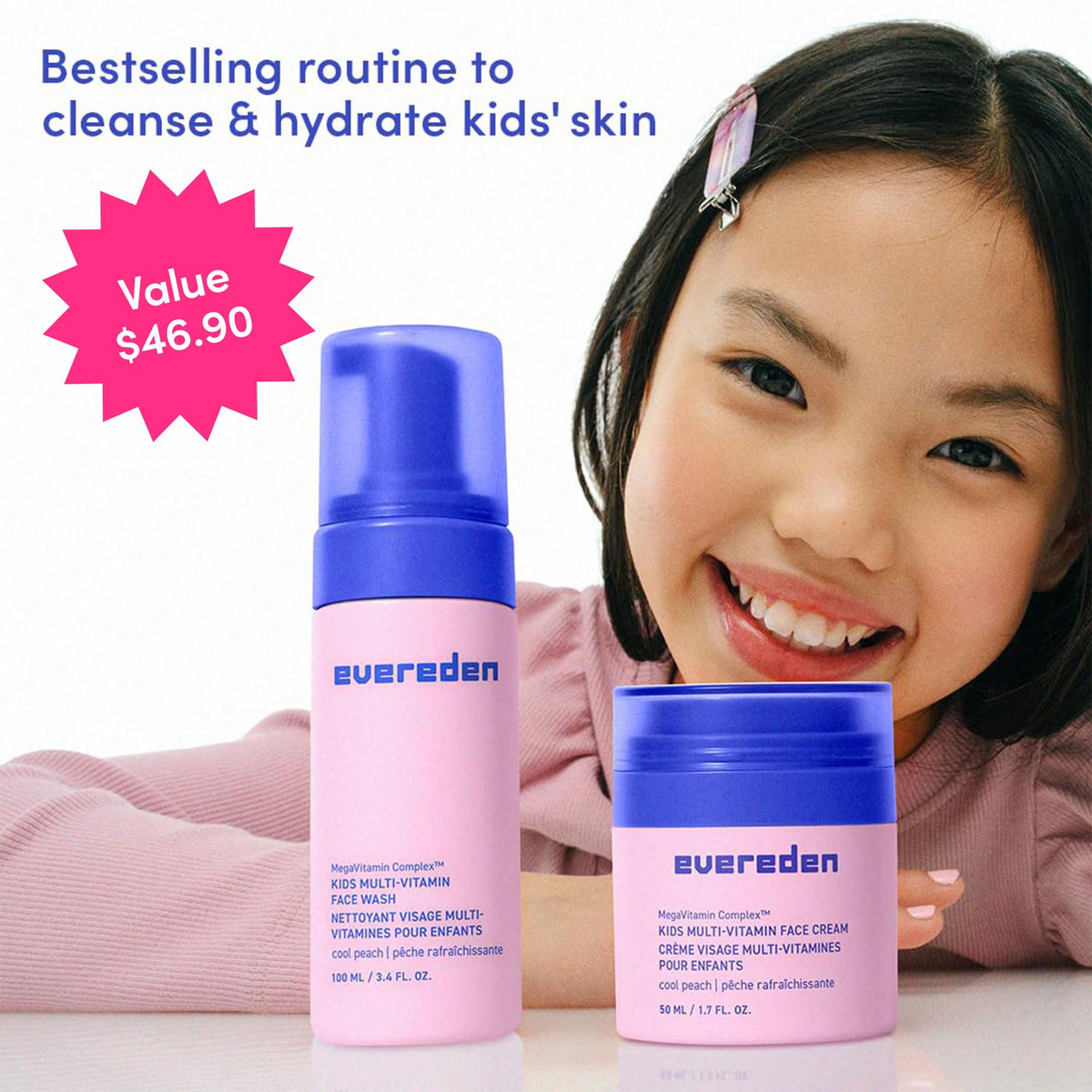 Evereden Kids Multi-Vitamin Face Wash and Cream Set on a bathroom countertop