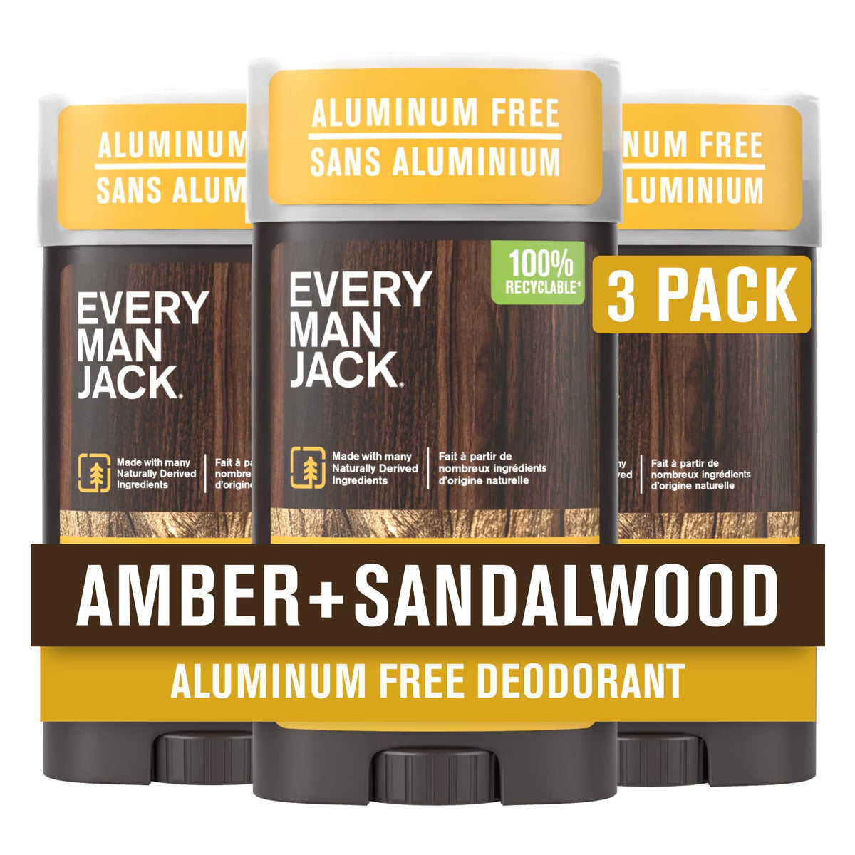 Every Man Jack Aluminum Free Deodorant 3-Pack Amber Sandalwood front view