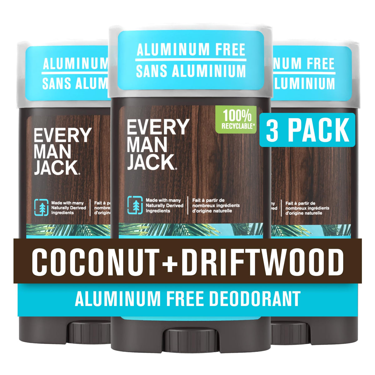 Every Man Jack Aluminum Free Deodorant Coconut Driftwood 3-pack front view