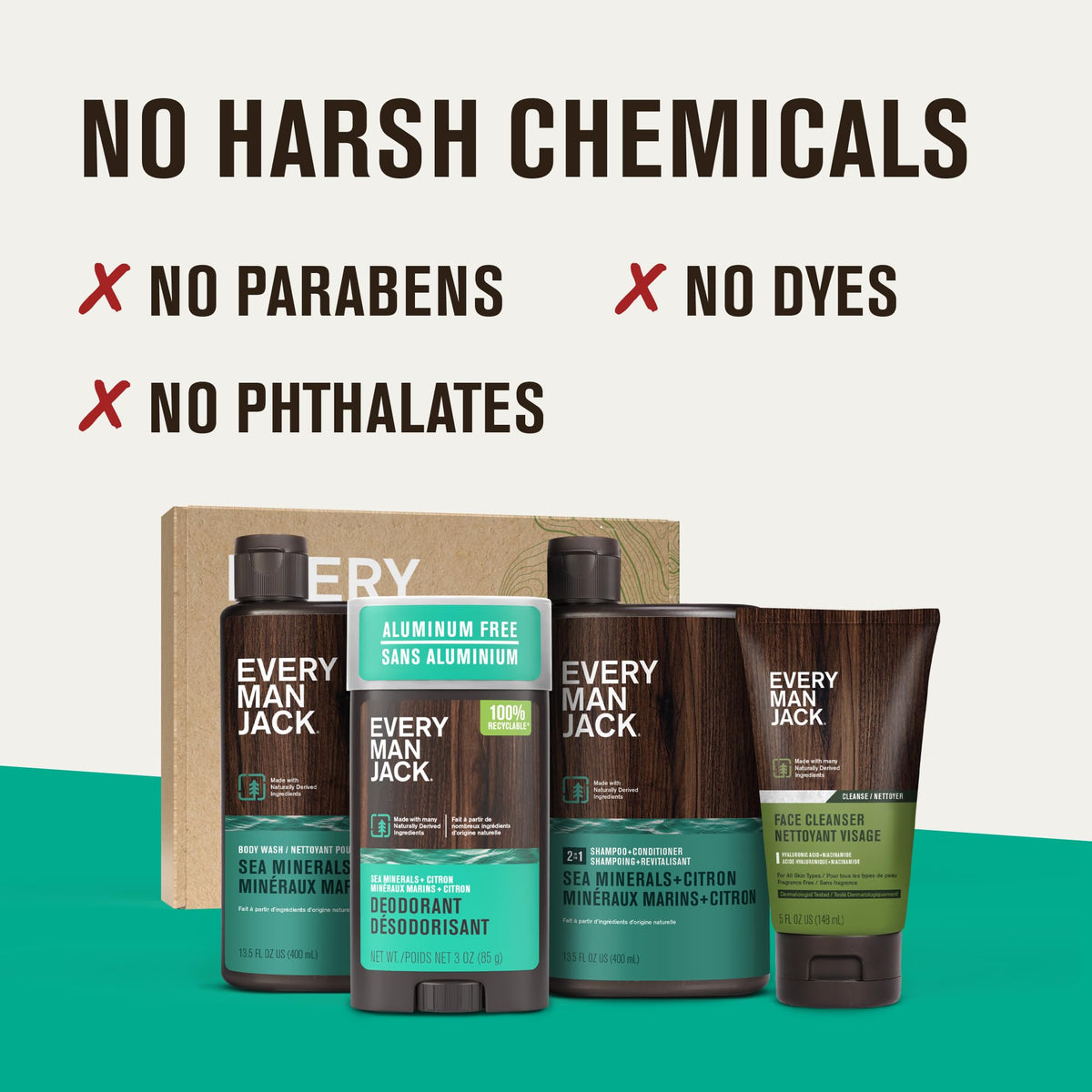 Every Man Jack Bath and Body Shower Gift Set displayed on a bathroom counter