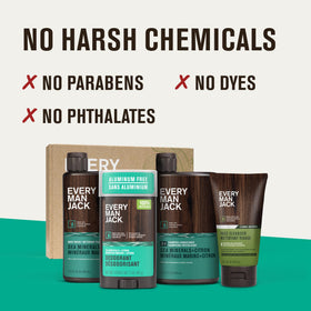 Every Man Jack Bath and Body Shower Gift Set displayed on a bathroom counter