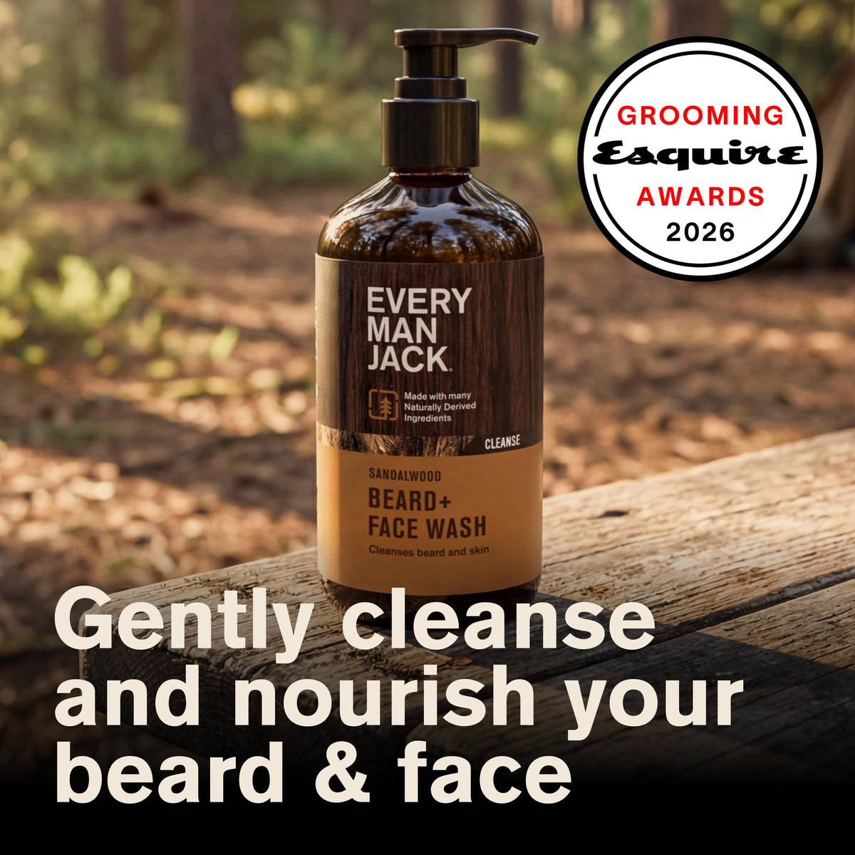 Every Man Jack Beard + Face Wash with Sandalwood Teak and Aged Bourbon labels