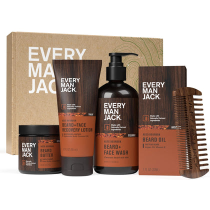 Every Man Jack Complete Beard Care Kit front view with Aged Bourbon scent