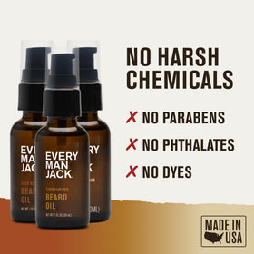 Every Man Jack Hydrating Beard Oil set displayed on a wooden table