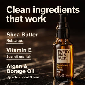 Every Man Jack Hydrating Beard Oil Vanilla Cedar on wooden table