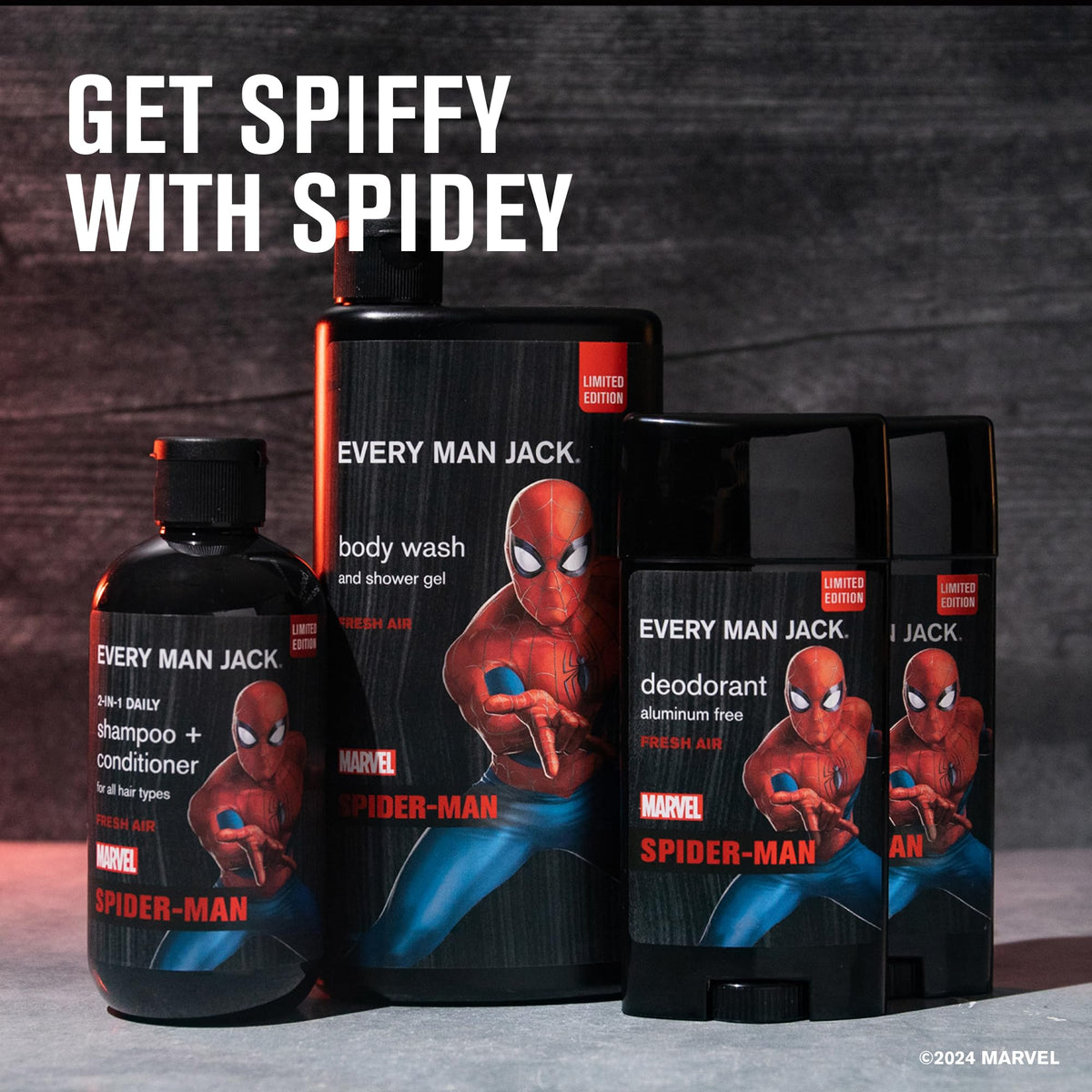 Every Man Jack Spider-Man Body Set featuring Urban Herbs scent description