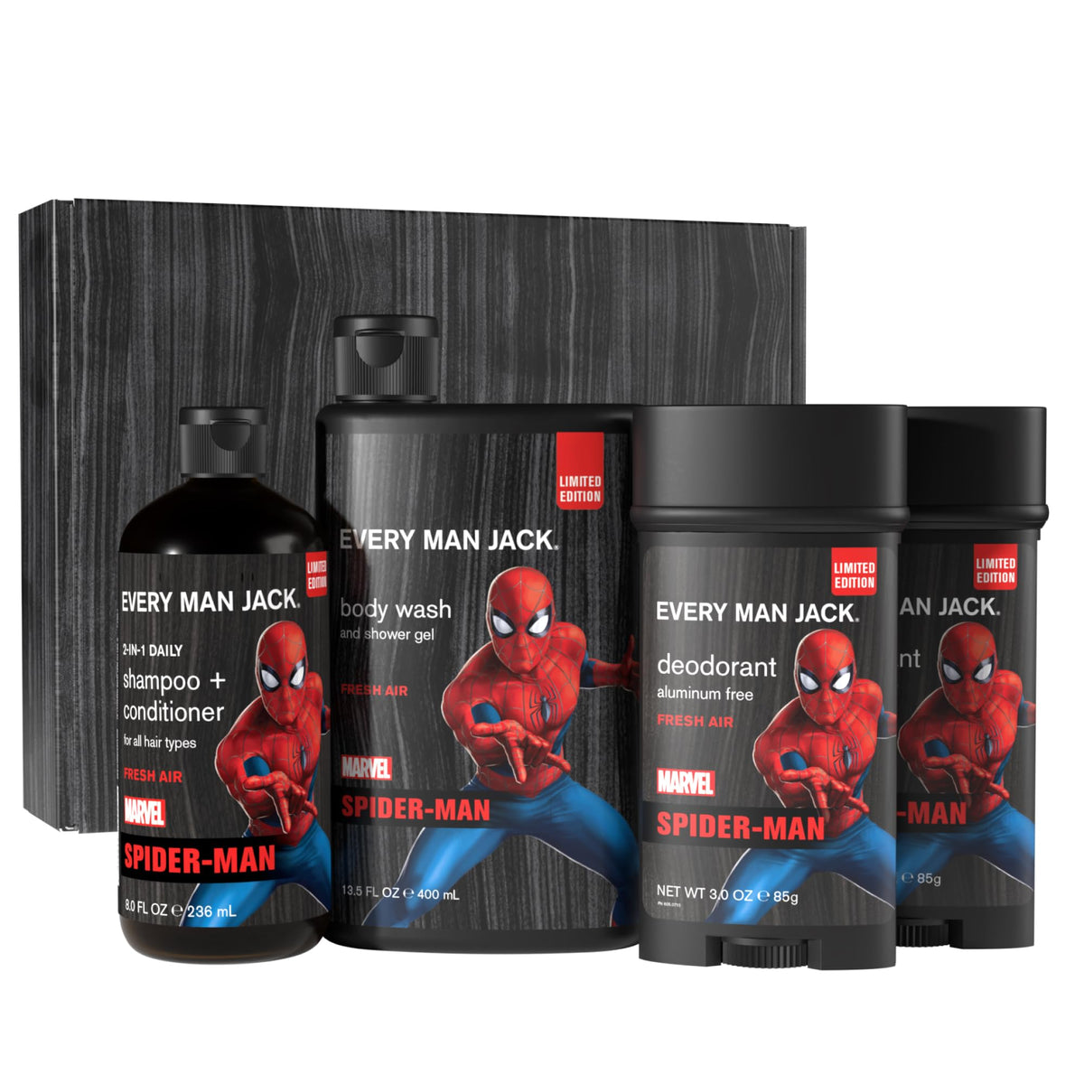 Every Man Jack Spider-Man Body Set front view with body wash and shampoo