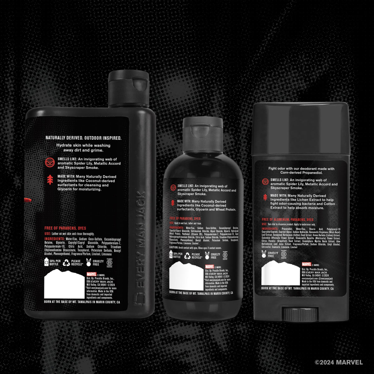 Every Man Jack Spider-Man Body Set on a bathroom shelf