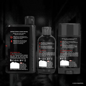 Every Man Jack Spider-Man Body Set on a bathroom shelf