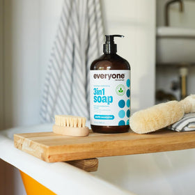 everyone for every body Soap Pacific Eucalyptus on a bathroom shelf
