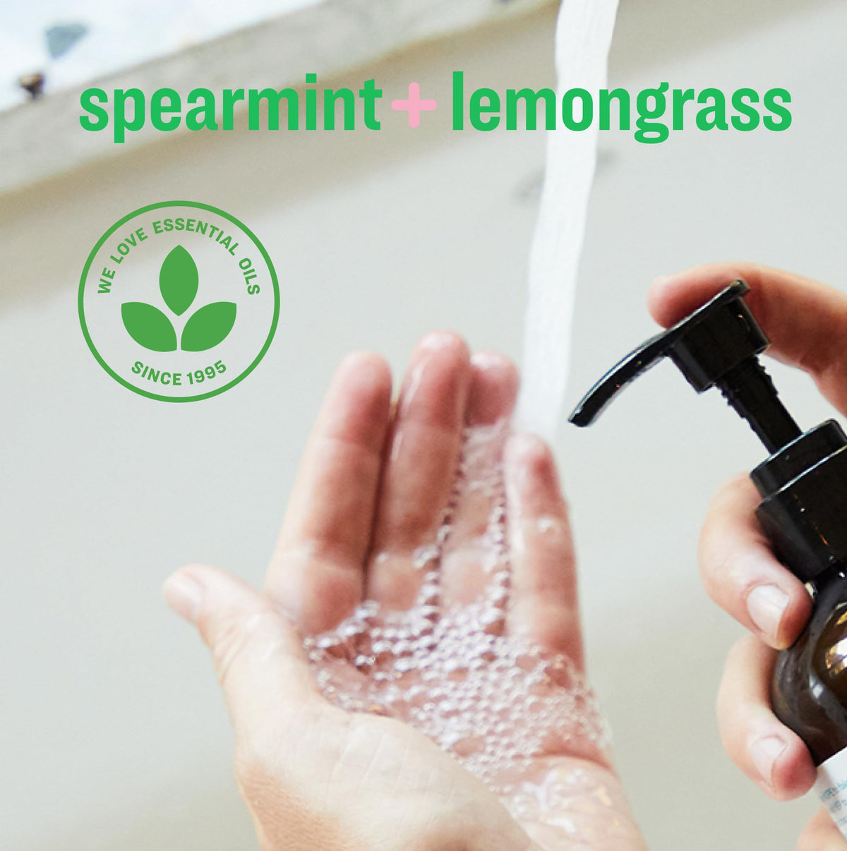 everyone Liquid Hand Soap Refill Spearmint Lemongrass bottle on a bathroom sink