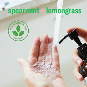 everyone Liquid Hand Soap Refill Spearmint Lemongrass bottle on a bathroom sink