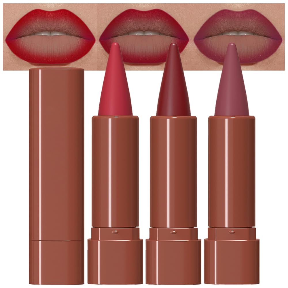 evpct 3Pcs Gradient Lipstick and Lip Liner Set in ruby plum, red, and mauve
