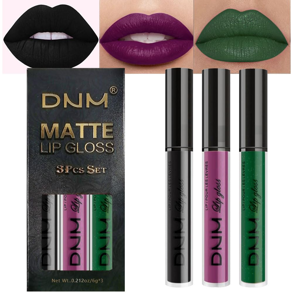 evpct 3Pcs Liquid Lipstick Set front view with Dark Black Grape, Plum Purple, and Emerald Green