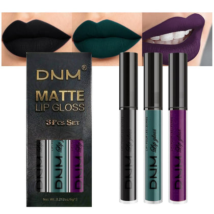 evpct 3Pcs Matte Liquid Lipstick Set in dark black, green, and purple