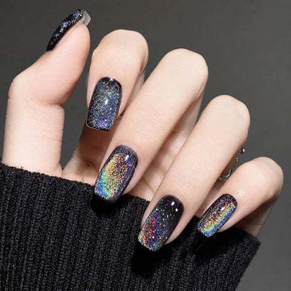 evpct Black Chrome Metallic Cat Eye Press on Nails front view