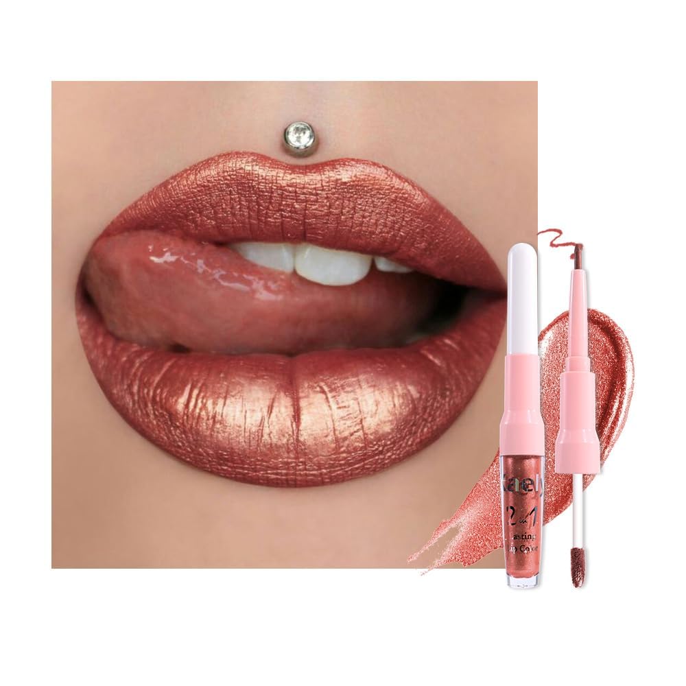 evpct Copper Metallic Glitter Lip Liner and Lipstick Combo front view