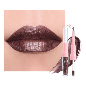 evpct Dark Brown Metallic Glitter Lip Liner and Lipstick Combo front view