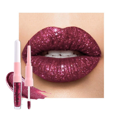 evpct Dark Purple Red Metallic Glitter Lip Liner and Lipstick Combo front view
