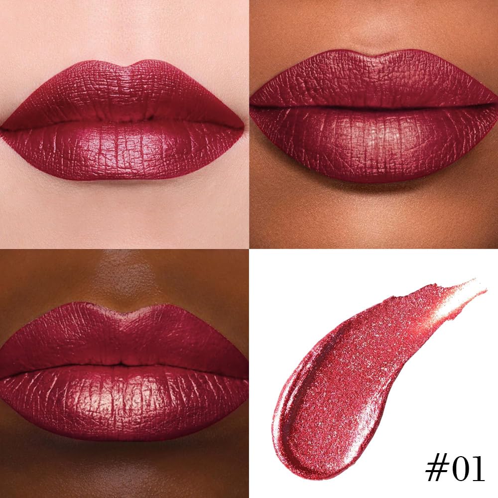 evpct Dark Red Metallic Lip Liner and Lipstick Combo in use on model