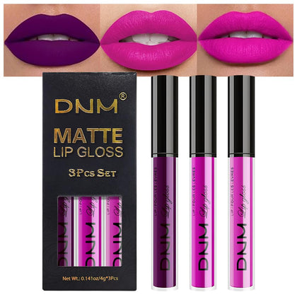 evpct liquid lipstick set with three shades: purple, hot pink, and fuchsia red