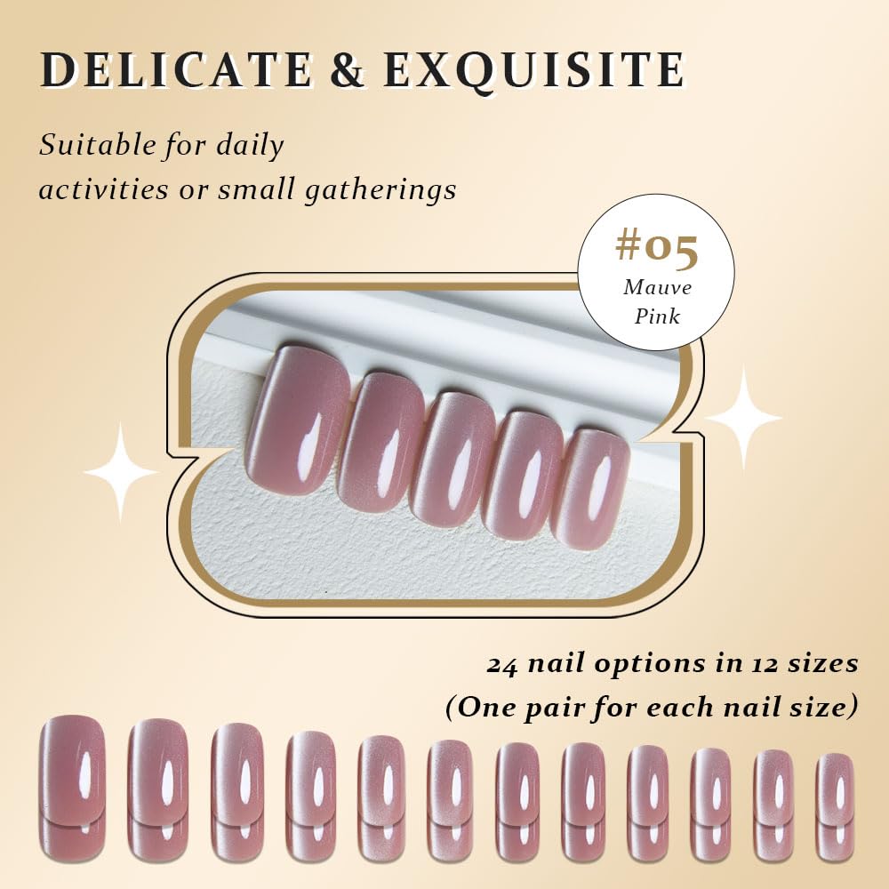 evpct Mauve Pink Cat Eye Press on Nails close-up of cat eye effect
