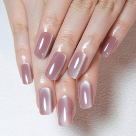 evpct Mauve Pink Cat Eye Press on Nails glossy black chrome finish