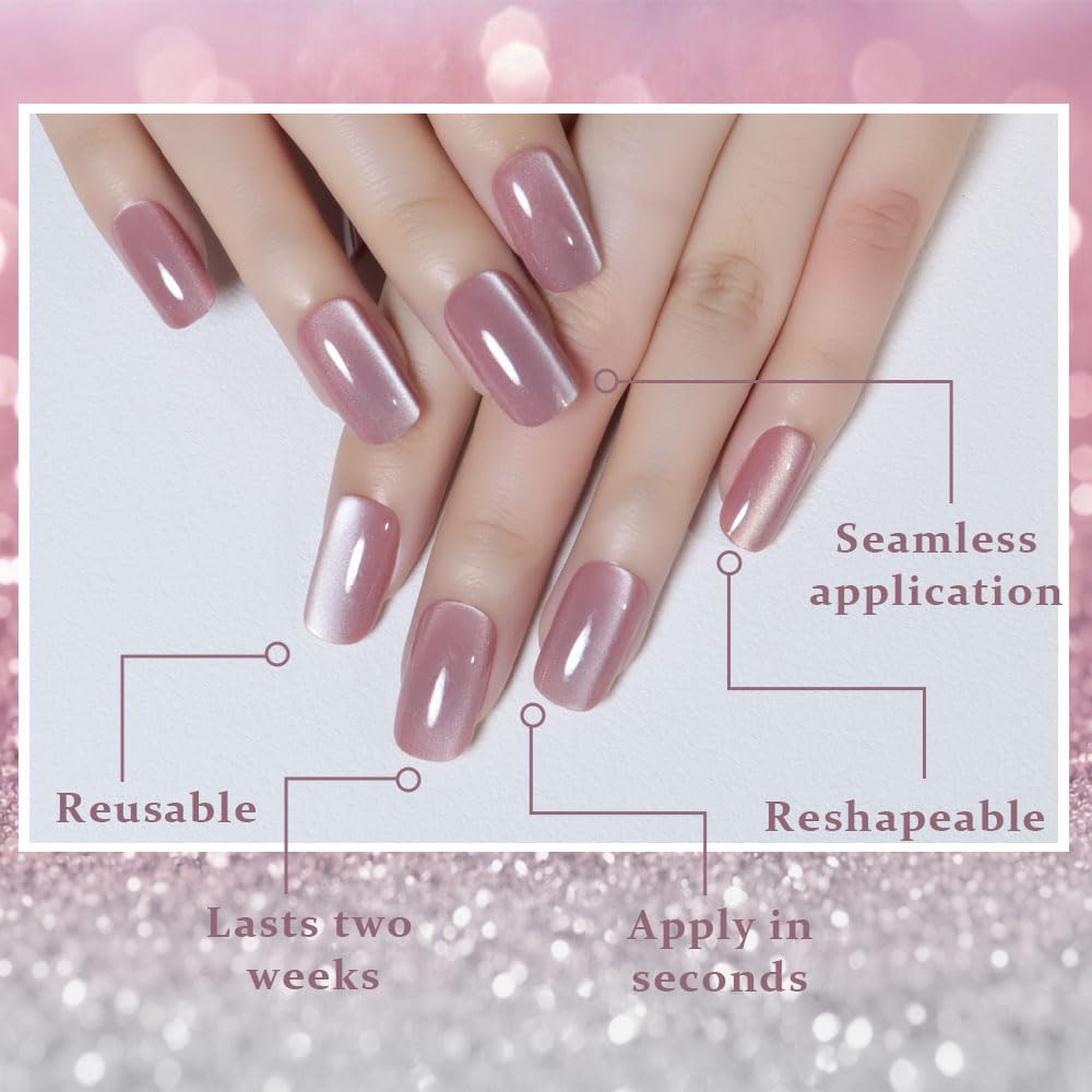 evpct Mauve Pink Cat Eye Press on Nails in elegant packaging