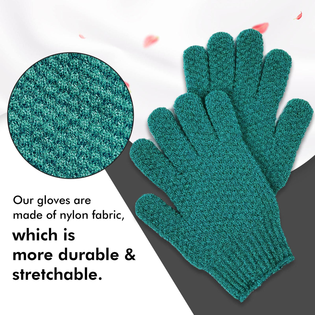 Evridwear Exfoliating Bath Gloves displayed on a bathroom shelf