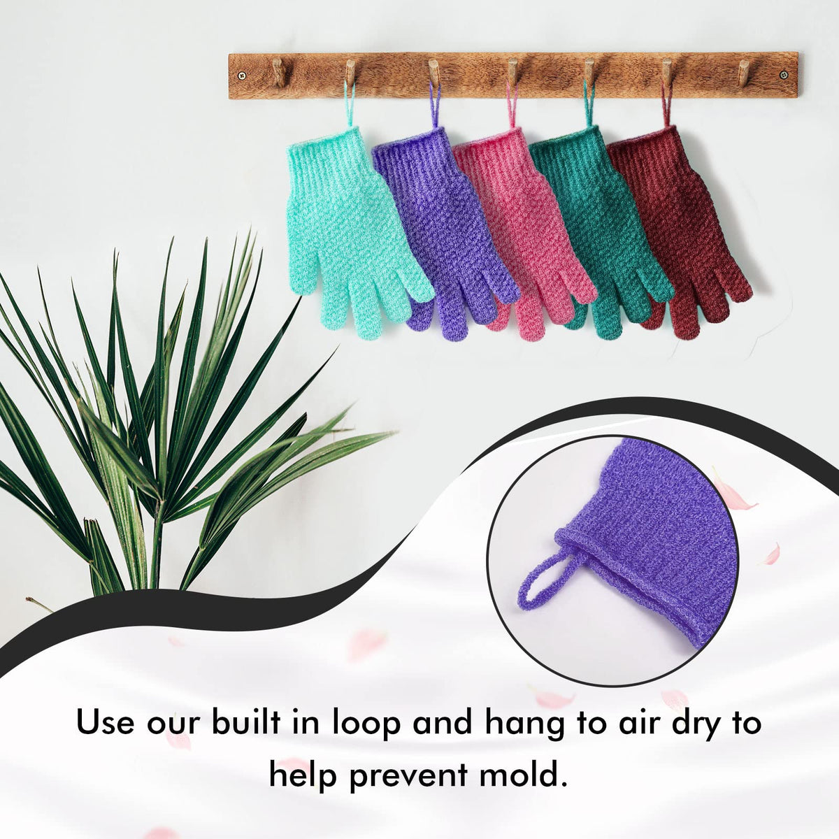 Evridwear Exfoliating Bath Gloves hanging for drying