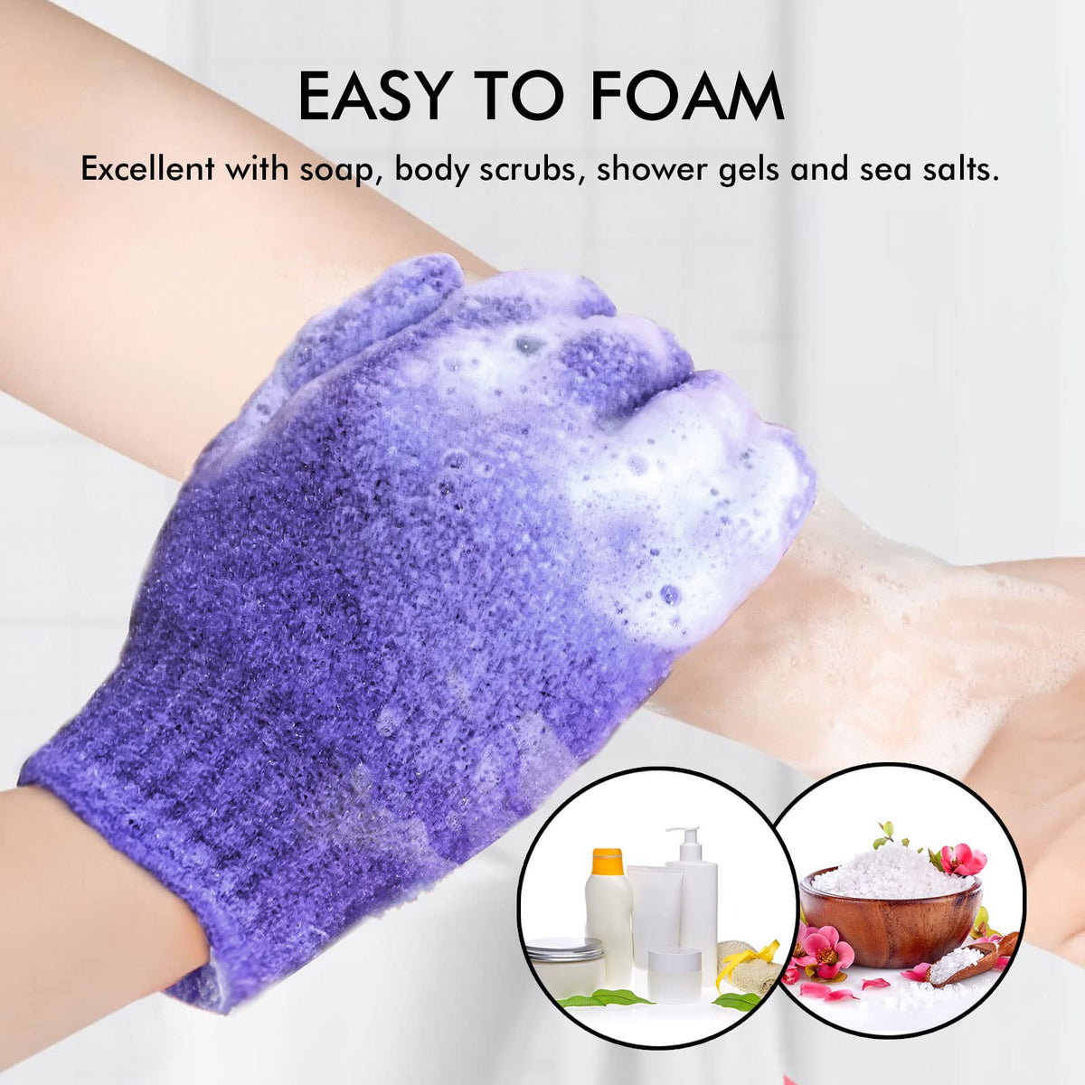 Evridwear Exfoliating Bath Gloves in use during shower