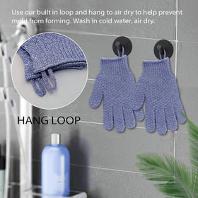 Evridwear Exfoliating Bath Gloves on a bathroom shelf