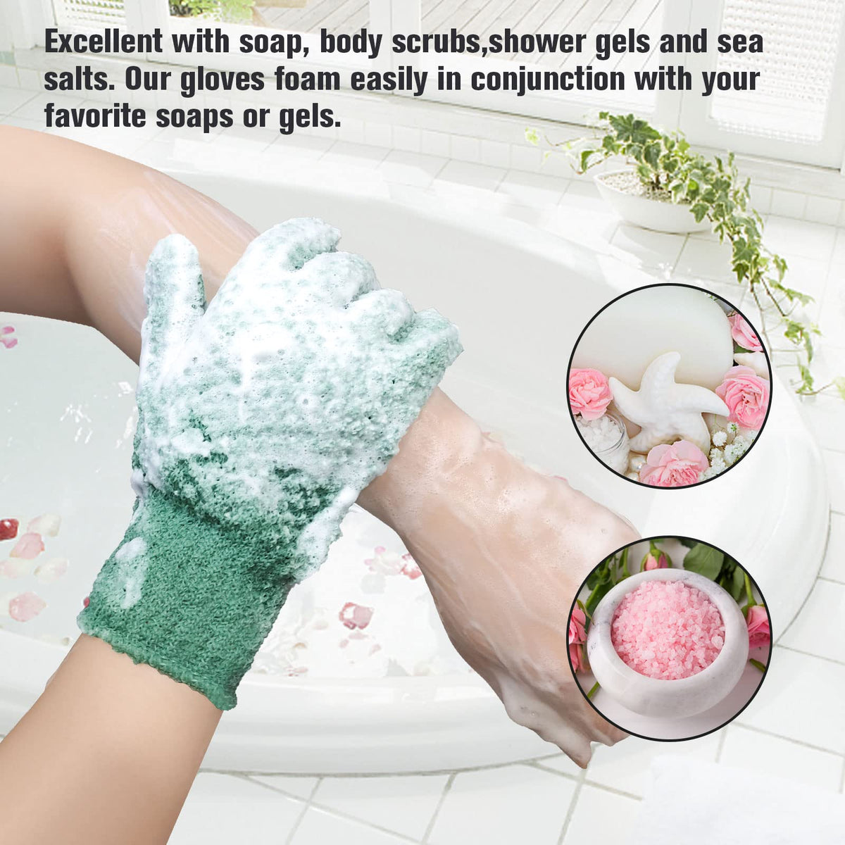 Evridwear Exfoliating Bath Gloves showing stretch fit on hand