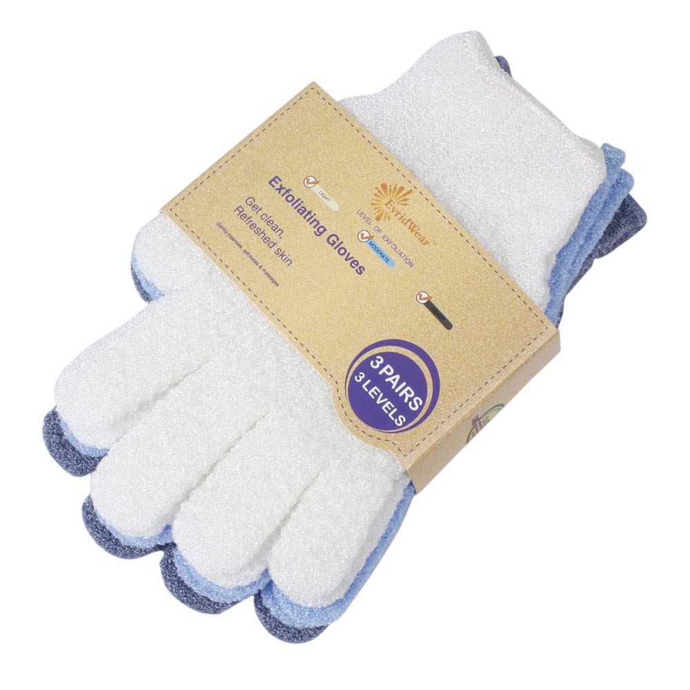 Evridwear Exfoliating Gloves front view, three pairs in packaging