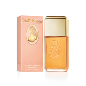 Evyan White Shoulders Eau de Cologne bottle with floral background