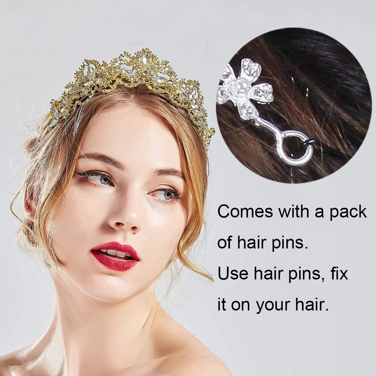 Exacoo Gold Tiara on a model at a wedding