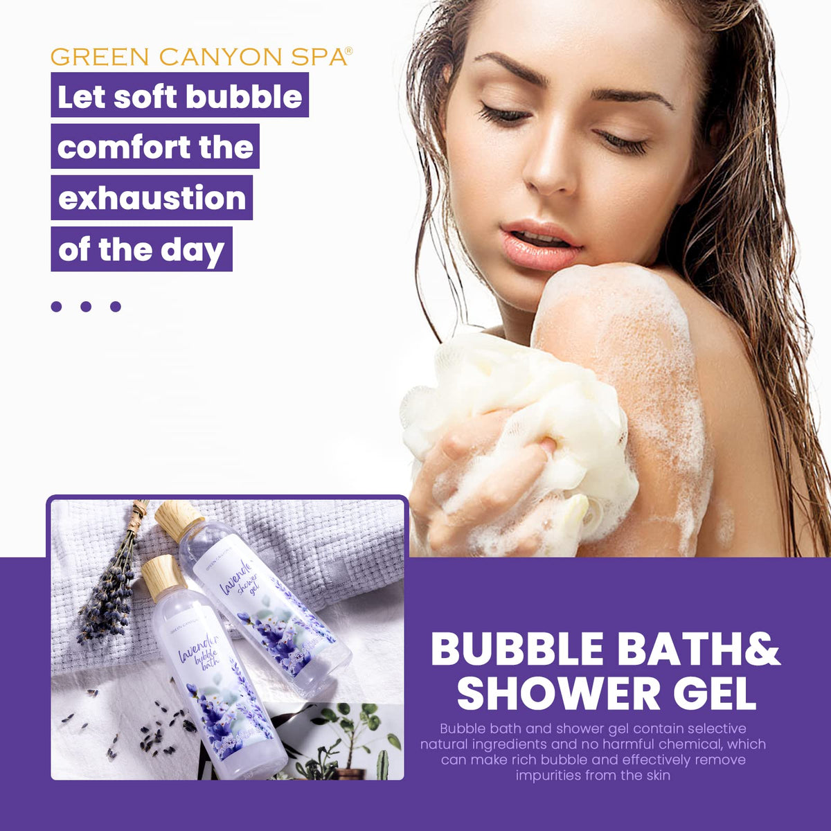 Exfoliating loofah and bath pouf included in the gift set