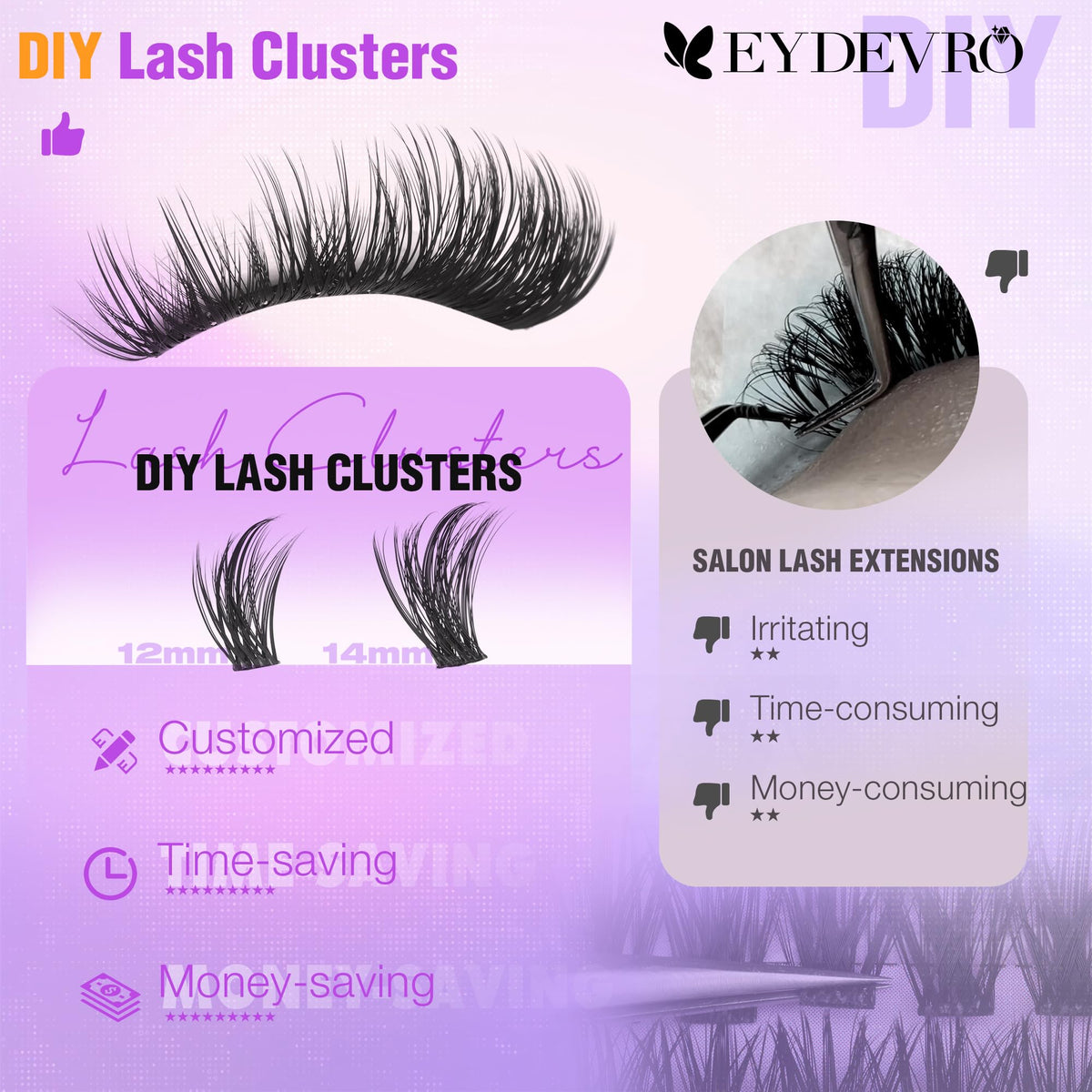 EYDEVRO lash clusters displayed with makeup tools