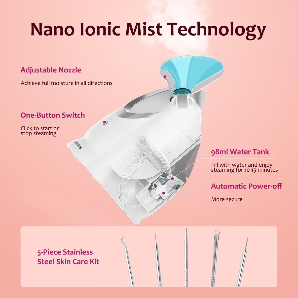 EZBASICS Facial Steamer side view showing adjustable nozzle
