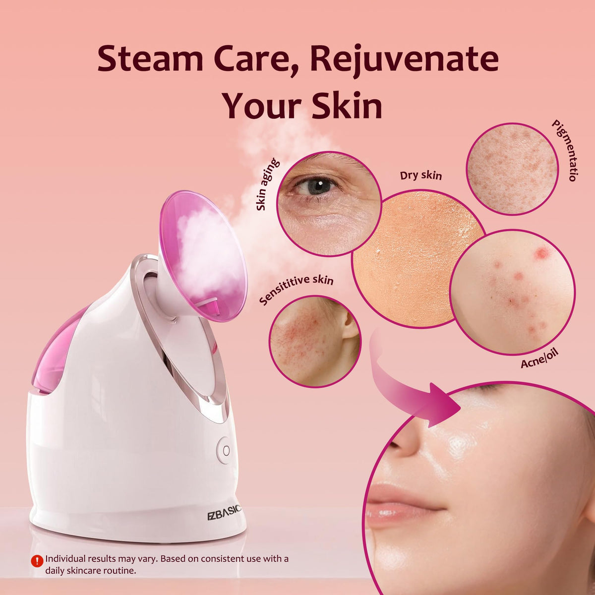 EZBASICS Facial Steamer with steam rising from the nozzle