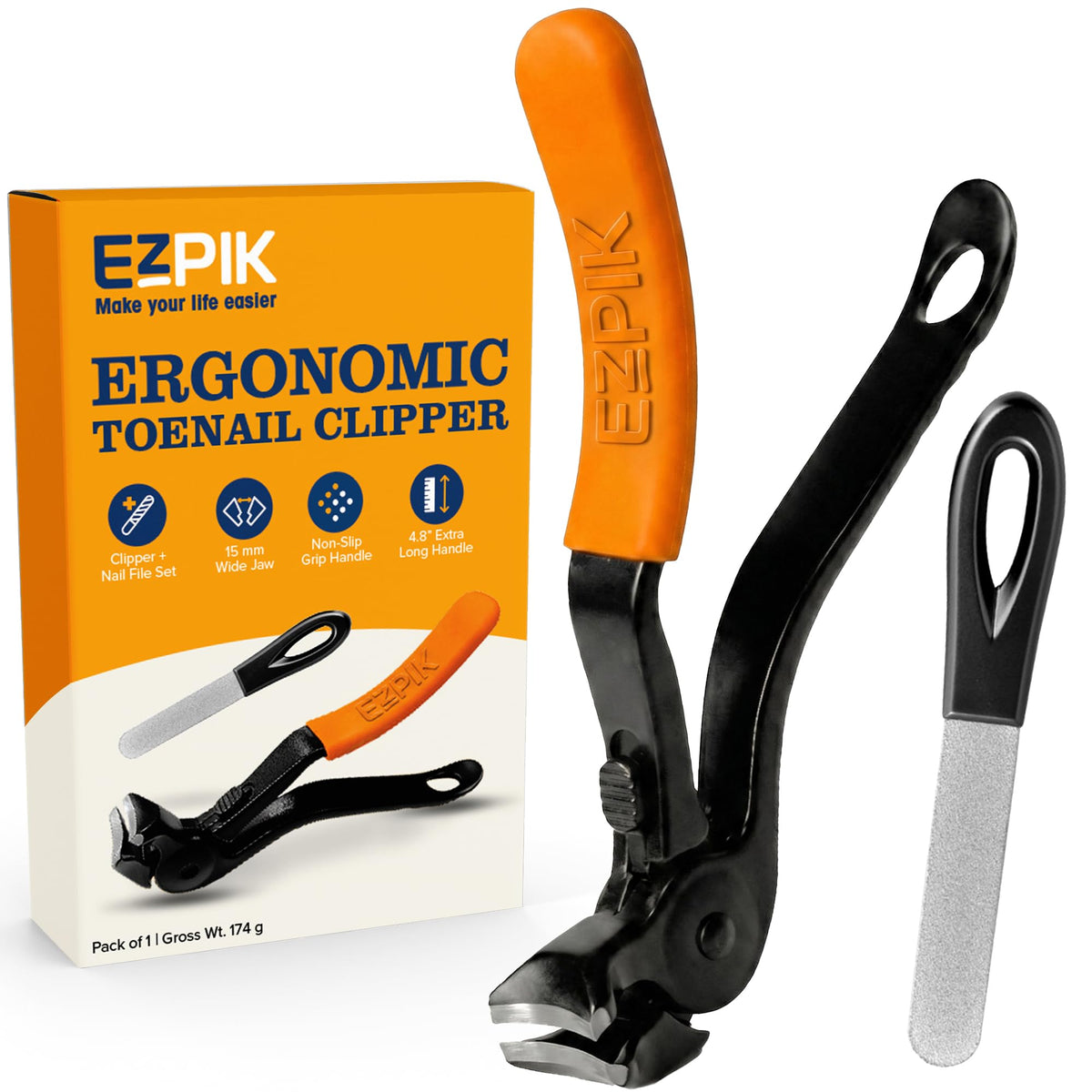 EZPIK Thick Toenail Clippers front view with ergonomic handle