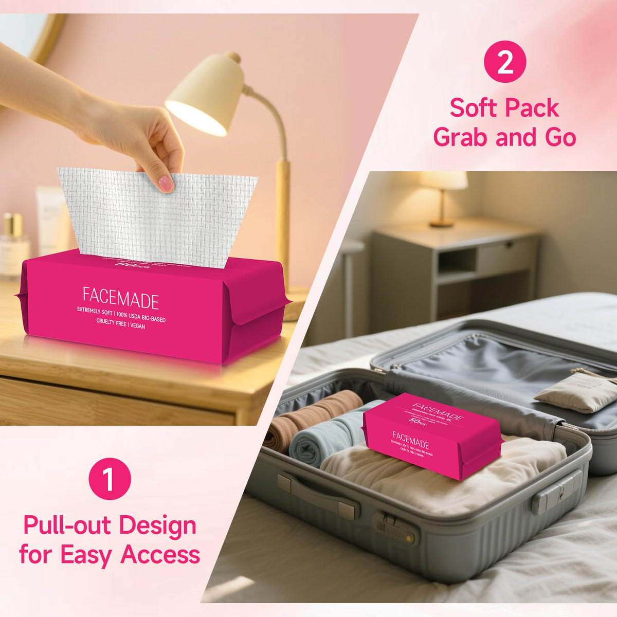 FACEMADE Disposable Face Towels in a travel bag